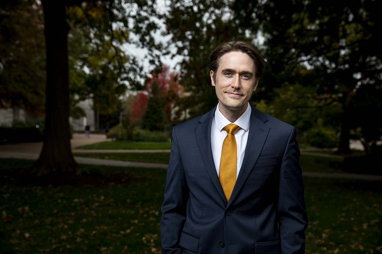 Jonathan Cisco poses outside Ellis Library on MU's campus.