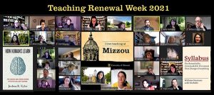 Zoom collage from Teaching Renewal Week 2021 with participants and event materials