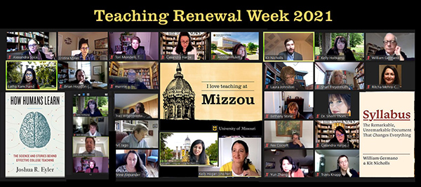 Zoom collage from Teaching Renewal Week 2021 with participants and event materials
