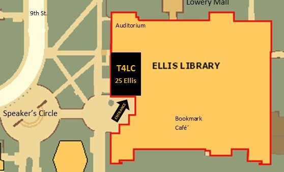 Ellis Library indicating the T4LC entrance: near the Library's West Atrium doors that face Speaker Circle.