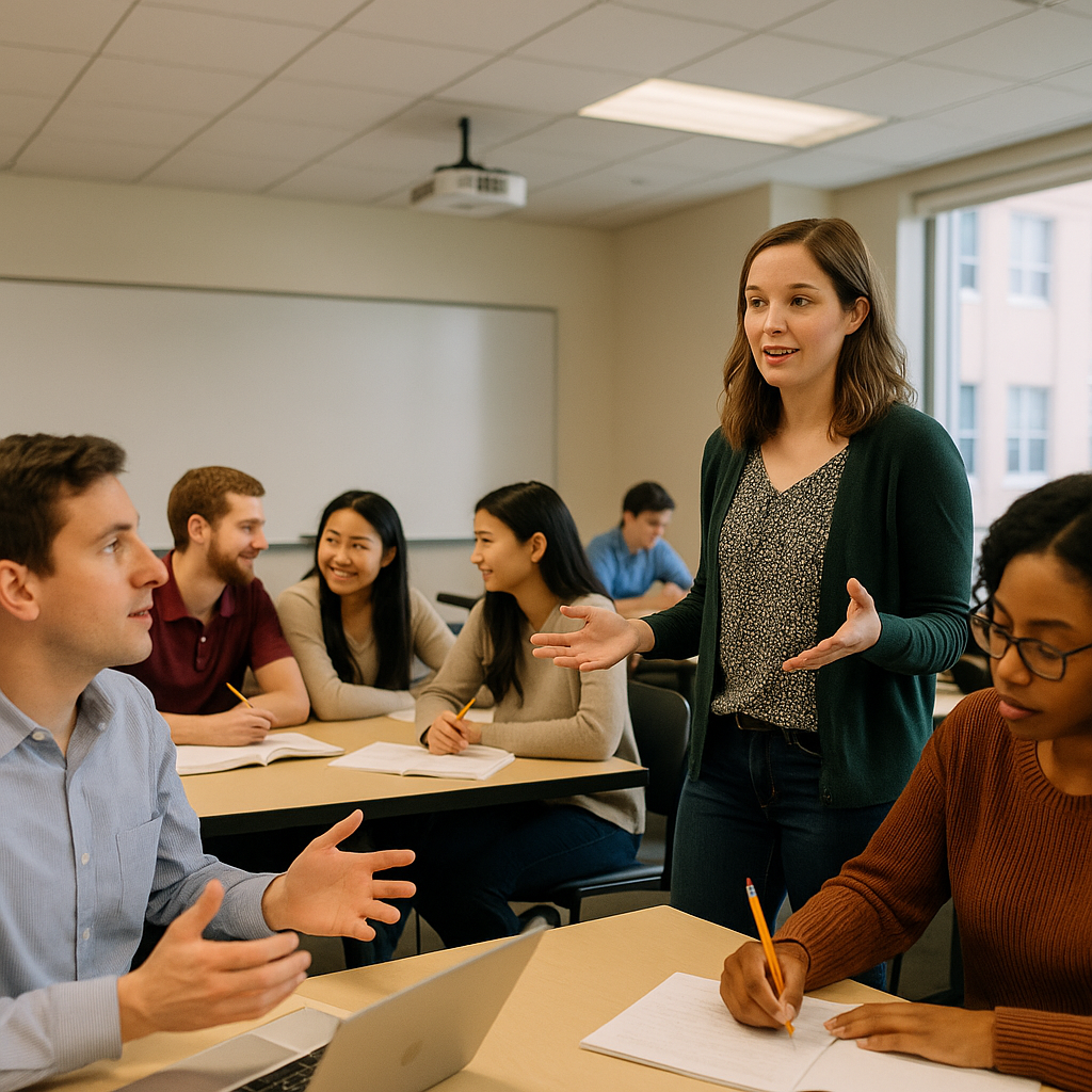 A teacher and some students in a classroom.