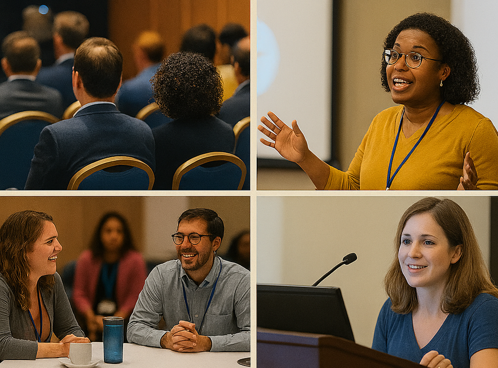 Shots of different people participating in a conference.