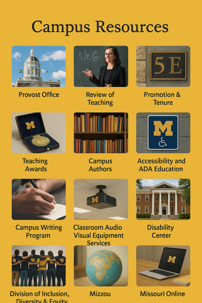 Collage of many resources of Mizzou's campus.