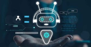 Hologram of a robot floating over an open hand.