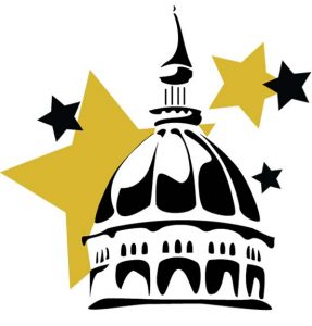 Artwork of the Jesse Rotunda dome superimposed over black and gold star shapes.