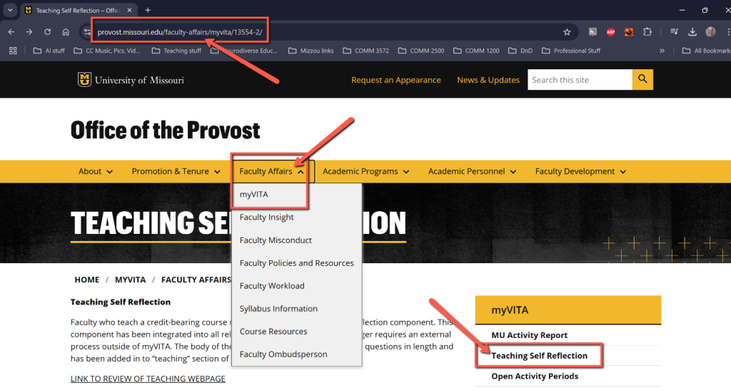 screenshot of the Office of the Provost's Teaching Self Reflection website, indicating where to access myVITA